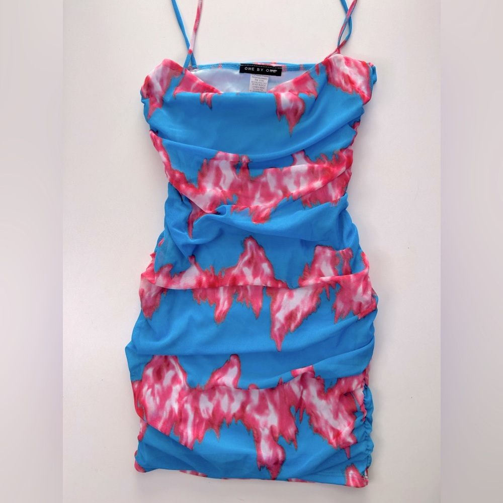 Dolls Kill Blue Pink Tie Dye Ruched SZ Small Mini summer Dress
